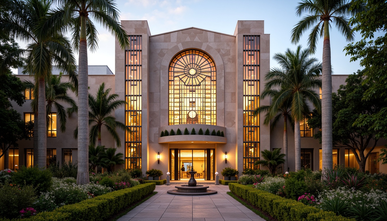 Prompt: Grandiose Art Deco church facade, symmetrical entrance, ornate stone carvings, geometric metalwork, vibrant stained-glass windows, lush greenery, exotic palms, flowering hedges, meandering pathways, ornamental fountains, decorative lanterns, warm golden lighting, low-angle shots, dramatic shadows, 1/1 composition, high-contrast textures, detailed ornaments.