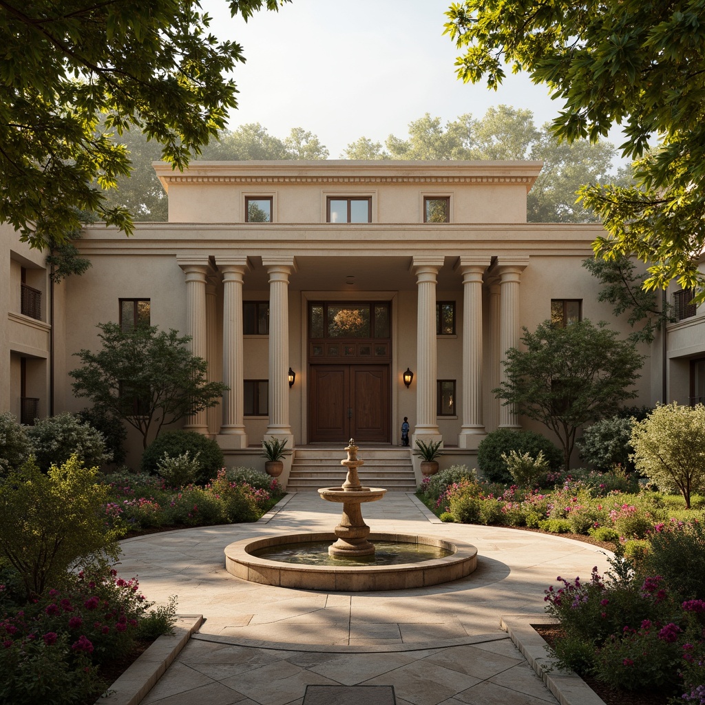 Prompt: Elegant villa, classical architecture, majestic columns, ornate capitals, rustic stone walls, lush greenery, blooming flowers, serene courtyard, tranquil fountain, warm golden lighting, soft misty atmosphere, 3/4 composition, symmetrical balance, realistic textures, ambient occlusion.