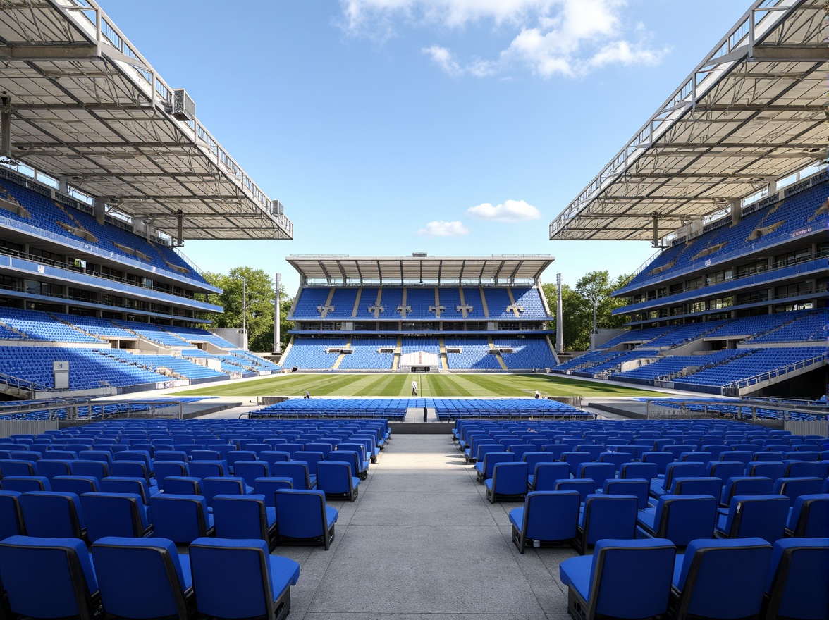 Prompt: \Stadium seating design, tiered rows, vibrant blue seats, comfortable cushions, ample legroom, optimized sightlines, unobstructed views, central aisle, accessible wheelchair ramps, VIP luxury suites, premium amenities, modern stadium architecture, curved lines, sleek metal structures, transparent roofs, natural ventilation systems, sunny day, soft warm lighting, shallow depth of field, 3/4 composition, panoramic view, realistic textures, ambient occlusion.\