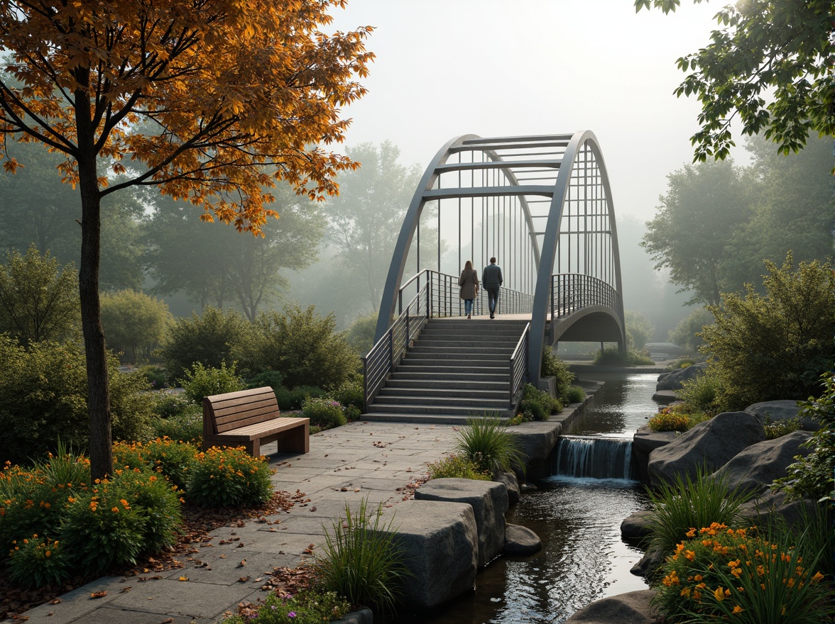 Prompt: Pedestrian bridge, modern steel arches, sleek railings, lush greenery, vibrant flowers, natural stone pathways, wooden benches, scenic overlooks, tranquil water features, gentle streams, small waterfalls, ambient lighting, warm color tones, shallow depth of field, 1/1 composition, realistic textures, misty morning atmosphere.