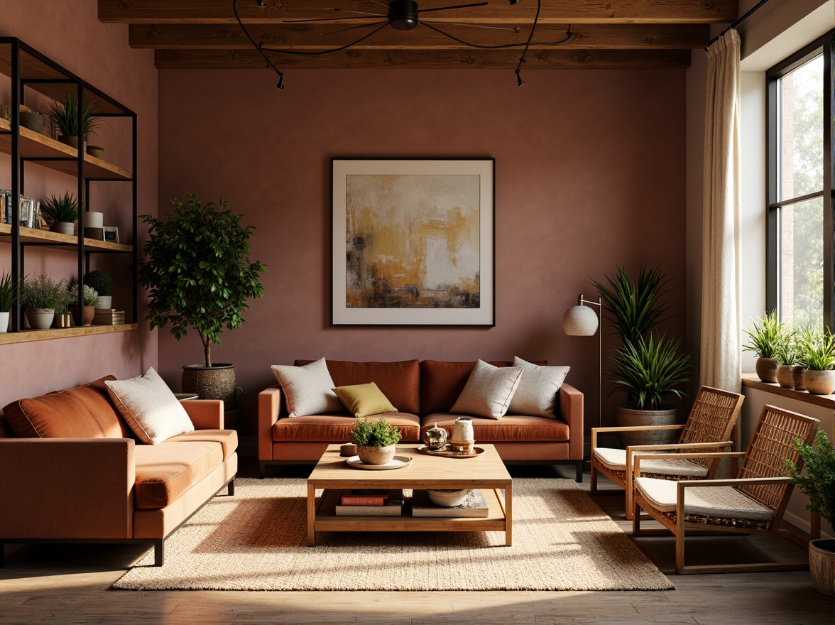 Prompt: Cozy living room, mauve accent walls, mud-inspired earthy tones, plush velvet sofas, natural wood coffee tables, woven wicker chairs, soft golden lighting, warm beige rugs, eclectic vintage decor, lush greenery, potted plants, industrial metal shelves, reclaimed wooden accents, bohemian textiles, abstract artwork, warm intimate atmosphere, shallow depth of field, 1/1 composition, realistic textures, ambient occlusion.