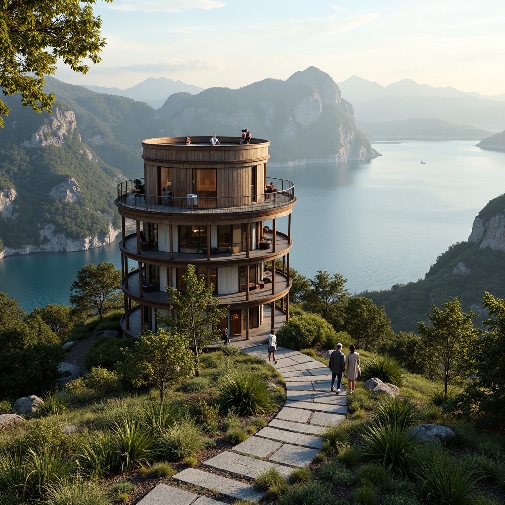 Prompt: Panoramic watching tower, harmonious landscape integration, lush greenery, winding stone pathways, serene lake views, surrounding mountain ranges, rustic wooden accents, natural stone textures, earthy color palette, blending with surroundings, seamless transitions, organic architecture, curved lines, minimalist decor, cozy observation decks, telescopes, binoculars, warm afternoon lighting, soft focus blur, atmospheric depth of field, 1/1 composition, cinematic view.