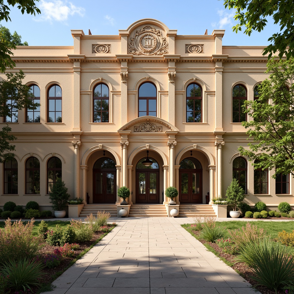 Prompt: Renaissance-style middle school building facade, ornate stone carvings, arched windows, grand entrance doors, rusticated quoins, symmetrical composition, warm beige stonework, elegant pilasters, decorative cornices, subtle classical details, lush greenery, blooming flowers, mature trees, sunny day, soft warm lighting, shallow depth of field, 3/4 composition, panoramic view, realistic textures, ambient occlusion.