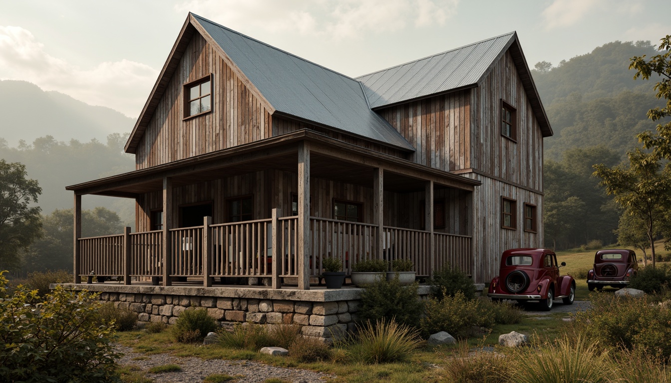 Prompt: Rustic barn, wooden planks, distressed finishes, earthy tones, natural textures, stone foundations, metal roofing, vintage farm equipment, worn brick walls, overgrown vegetation, rural landscape, misty morning, soft warm lighting, shallow depth of field, 3/4 composition, panoramic view, realistic textures, ambient occlusion, academic atmosphere, classical columns, ornate details, traditional pediments, symmetrical facades.