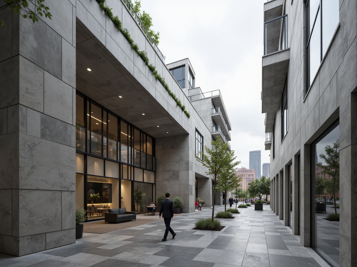 Prompt: Exposed concrete walls, rough stone textures, polished metal surfaces, reflective glass fa\u00e7ades, minimal ornamentation, clean lines, industrial chic aesthetic, modernist principles, functional simplicity, brutalist influences, urban cityscape, overcast sky, diffused natural light, shallow depth of field, 2/3 composition, cinematic perspective, high-contrast rendering, subtle color palette.