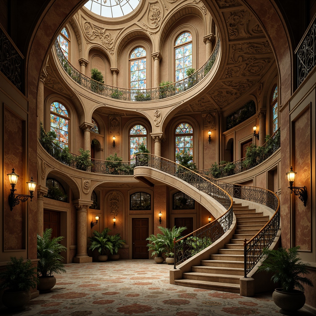 Prompt: Intricate ornate buildings, sinuous curvilinear lines, flowing organic shapes, elegant botanical motifs, luxurious materials, ornate metalwork, stained glass windows, grand sweeping staircases, lavish decorative details, warm golden lighting, soft focus, shallow depth of field, 1/1 composition, romantic atmosphere, nostalgic mood, vintage textures, subtle color palette.