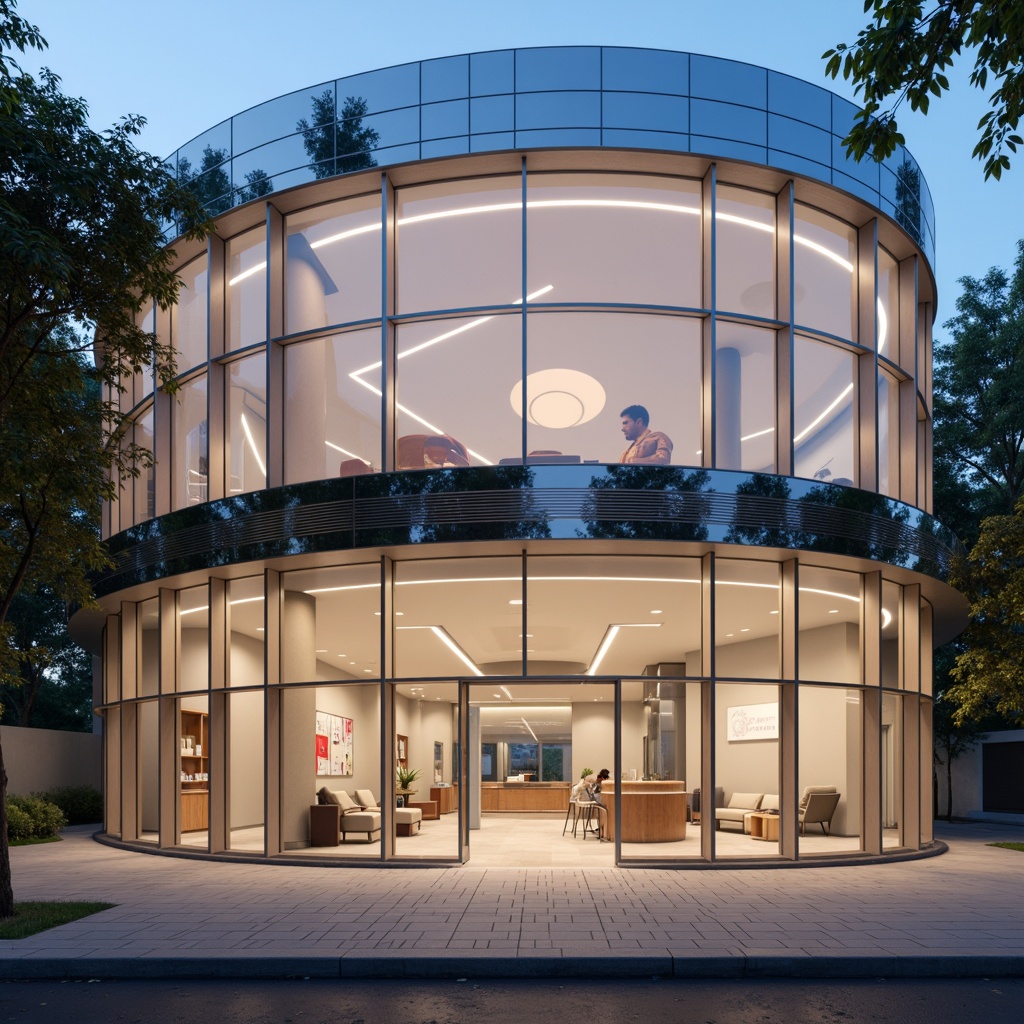 Prompt: Curved clinic exterior, polished chrome accents, horizontal ribbon windows, cantilevered canopies, minimalist entrance, soft warm lighting, indirect cove lighting, frosted glass partitions, sleek metallic fixtures, rounded corners, monochromatic color scheme, calming ambient atmosphere, subtle texture variations, shallow depth of field, 1/1 composition, realistic render, soft box lighting, gentle gradient maps.