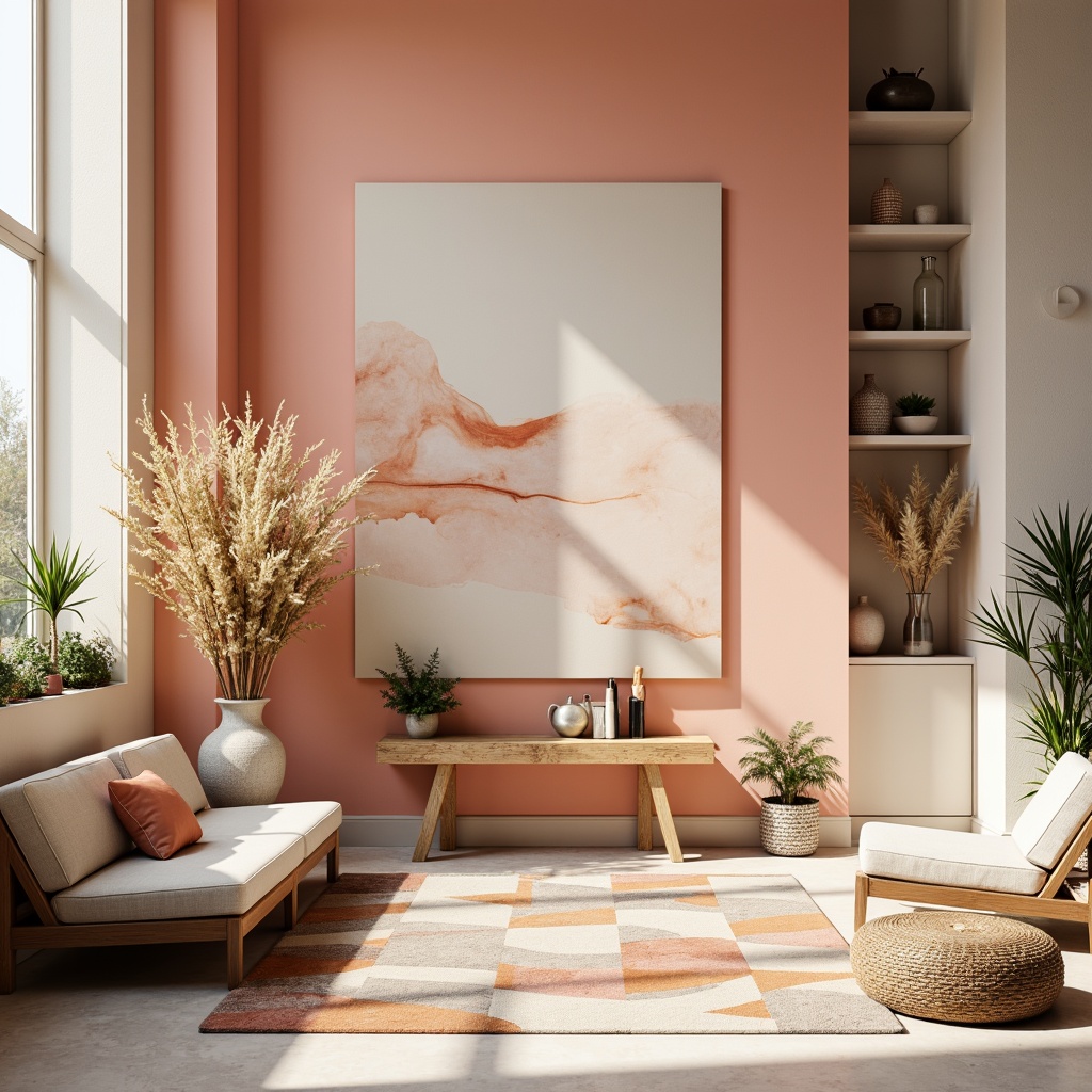 Prompt: Vibrant design studio, modern minimalist aesthetic, pastel color scheme, soft peach tones, creamy whites, rich charcoal grays, bold accent colors, metallic finishes, natural textiles, geometric patterns, abstract shapes, warm ambient lighting, shallow depth of field, 3/4 composition, realistic textures, atmospheric effects.