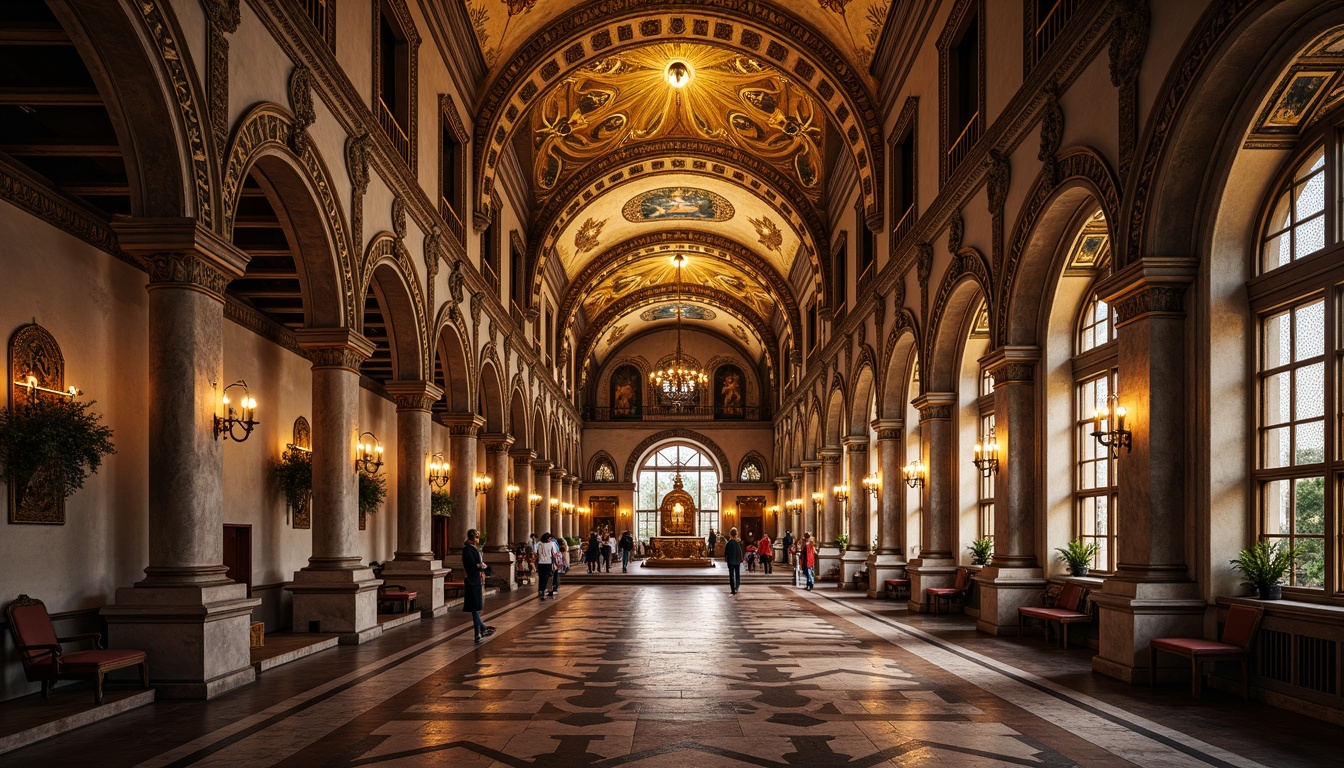 Prompt: Intricate arches, ornate carvings, golden mosaics, vaulted ceilings, grand domes, rustic stone walls, vibrant frescoes, majestic columns, ornamental capitals, rich tapestries, regal thrones, mystical icons, warm candlelight, soft diffused lighting, shallow depth of field, 1/1 composition, symmetrical view, realistic textures, ambient occlusion.