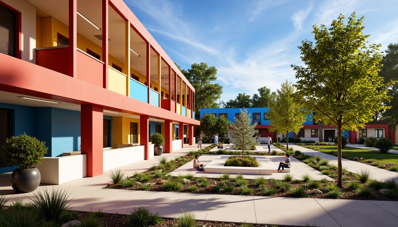 Prompt: Vibrant community center, Bauhaus-inspired architecture, bold primary colors, bright red accents, deep blue tones, sunny yellow hues, creamy white walls, industrial metal beams, functional simplicity, geometric shapes, clean lines, minimal ornamentation, communal outdoor spaces, lush greenery, natural light, warm atmosphere, shallow depth of field, 1/1 composition, realistic textures, ambient occlusion.