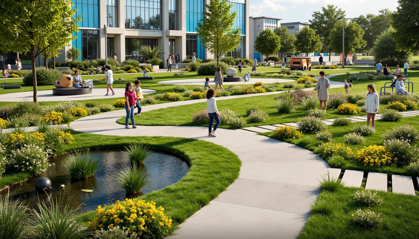 Prompt: Vibrant community park, lush green grass, colorful blooming flowers, winding walking paths, modern playground equipment, interactive water features, shaded seating areas, public art installations, sustainable rain gardens, eco-friendly benches, recycled material planters, native tree species, warm sunny day, soft natural lighting, shallow depth of field, 3/4 composition, panoramic view, realistic textures, ambient occlusion.