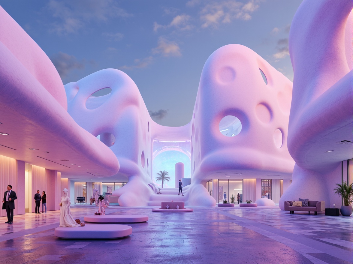 Prompt: Whimsical blob-shaped buildings, pastel colors, soft gradients, iridescent hues, glowing accents, neon lights, futuristic architecture, curved lines, rounded edges, abstract shapes, dreamy atmosphere, ethereal quality, mystical aura, shimmering effects, luminous mist, 3/4 composition, atmospheric perspective, vibrant textures, stylized rendering.