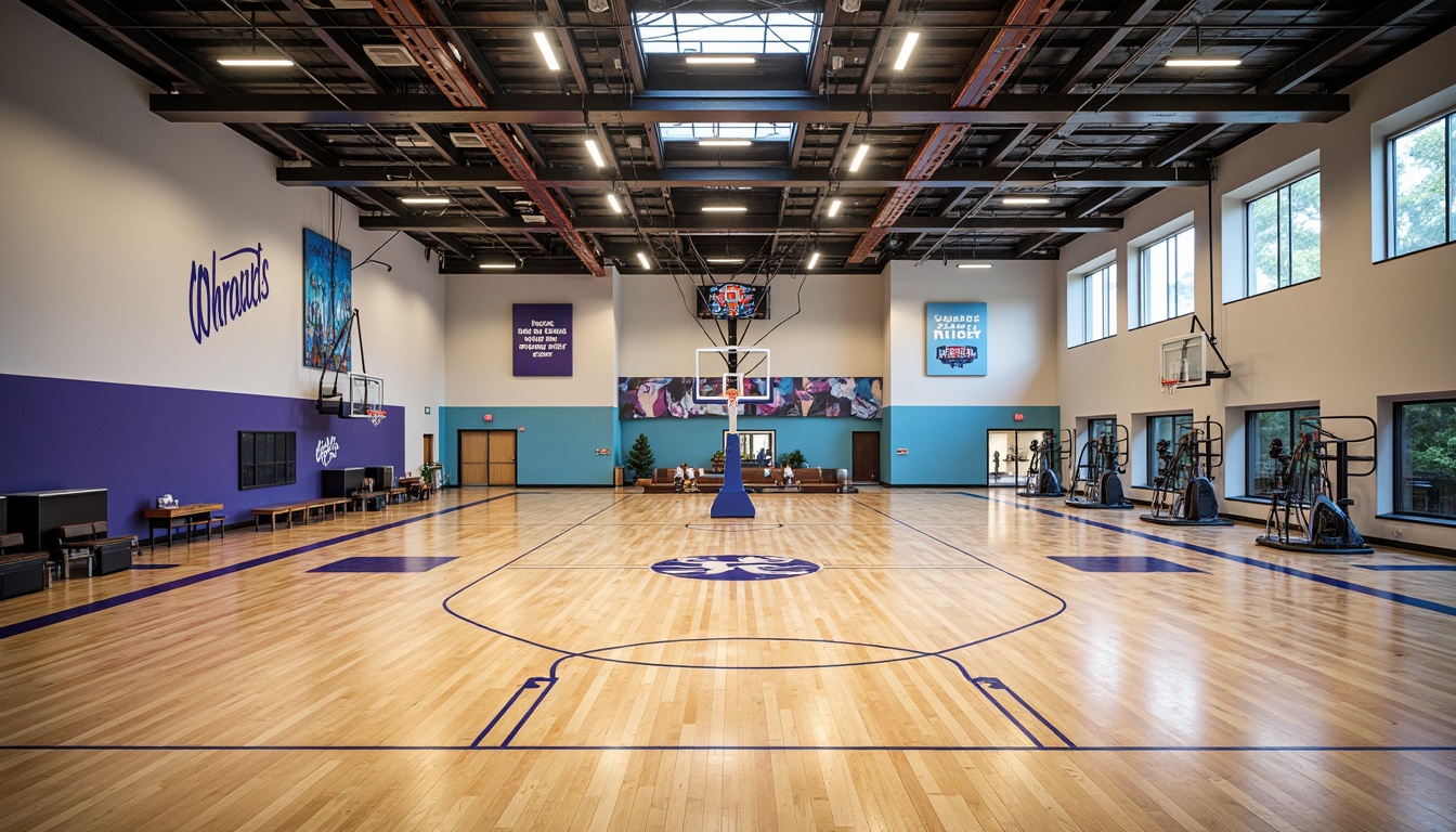 Prompt: Modern gymnasium interior, polished hardwood floors, gleaming metal beams, high ceilings, expansive windows, natural light, athletic equipment, basketball hoops, scoreboards, motivational quotes, vibrant team colors, sound-absorbing panels, durable rubber flooring, dynamic lighting systems, suspended LED lights, sleek fitness machines, mirrored walls, inspirational murals, minimalist seating areas, refreshing color schemes, panoramic views, shallow depth of field, 1/2 composition, realistic textures.