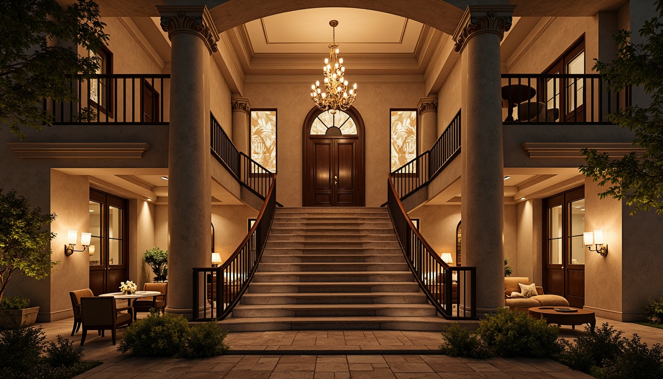 Prompt: Majestic villa, imposing columns, ornate capitals, rustic stone foundation, classic architectural style, symmetrical facade, grand entrance, sweeping staircase, elegant balustrades, refined wooden doors, antique furniture, lavish chandeliers, warm golden lighting, soft focus, shallow depth of field, 1/2 composition, atmospheric perspective, realistic textures, subtle ambient occlusion.