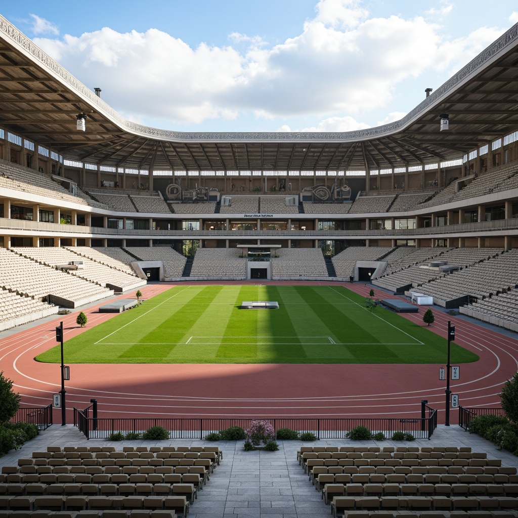 Prompt: Grand stadium facade, classic columns, ornate arches, rusticated stone walls, vibrant green turf, athletic tracks, sports equipment, Olympic-inspired sculptures, grandiose entrance gates, symmetrical architecture, elegant balconies, refined stone carvings, subtle color palette, natural light illumination, shallow depth of field, 1/1 composition, realistic textures, ambient occlusion.