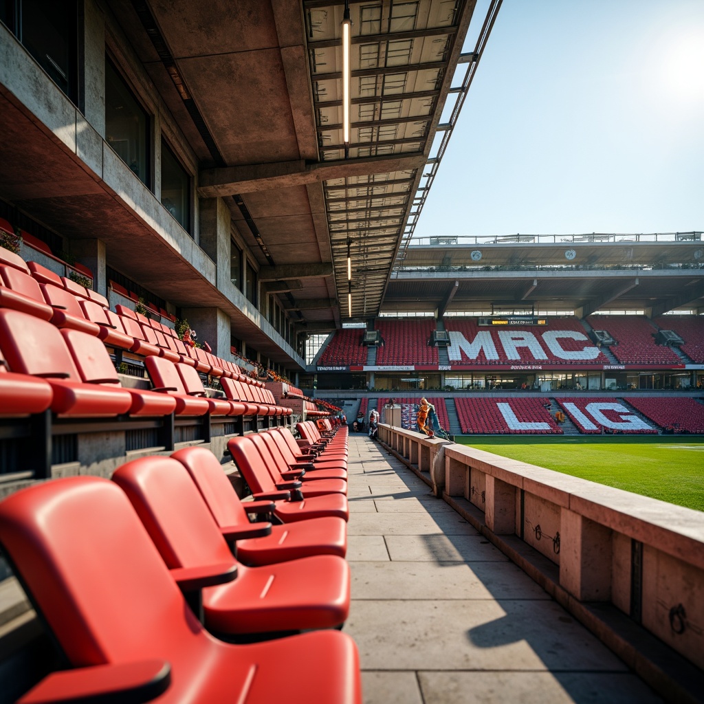 Prompt: Stadium seating, tiered rows, comfortable cushioning, vibrant team colors, sleek metal railings, clear sightlines, optimal viewing angles, spacious legroom, ergonomic chair design, natural stone concourses, modern architecture, grand entranceways, sunny day, soft warm lighting, shallow depth of field, 3/4 composition, panoramic view, realistic textures, ambient occlusion.