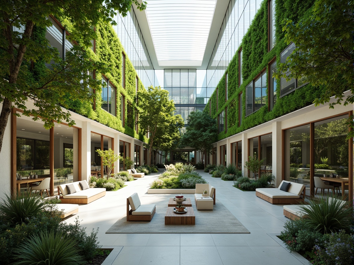 Prompt: Vibrant atrium, lush green walls, floor-to-ceiling windows, reflective glass surfaces, minimalist interior design, open-plan living spaces, natural ventilation systems, solar tubes, skylights, clerestory windows, bright white interiors, warm wooden accents, comfortable seating areas, soft diffused lighting, shallow depth of field, 3/4 composition, panoramic view, realistic textures, ambient occlusion.