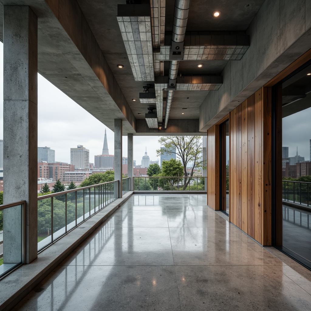 Prompt: Polished concrete walls, smooth marble floors, reflective metal surfaces, minimalist wooden accents, industrial-style exposed ducts, sleek glass railings, brutalist-inspired raw concrete columns, modern geometric patterns, urban cityscape backdrop, overcast sky, dramatic shadowing, high-contrast lighting, shallow depth of field, 3/4 composition, panoramic view, realistic reflections, ambient occlusion.