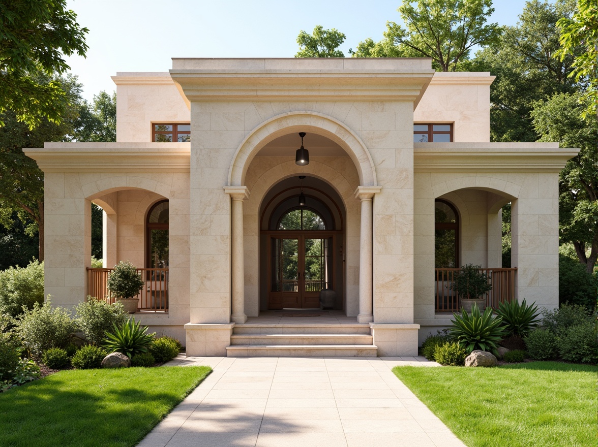 Prompt: Elegant villa facade, symmetrical composition, central axis, ornate entrance gates, classical columns, balanced proportions, harmonious architectural elements, soft natural light, warm beige stone walls, lush greenery surroundings, manicured lawns, serene atmosphere, 1/1 composition, shallow depth of field, realistic textures, ambient occlusion.