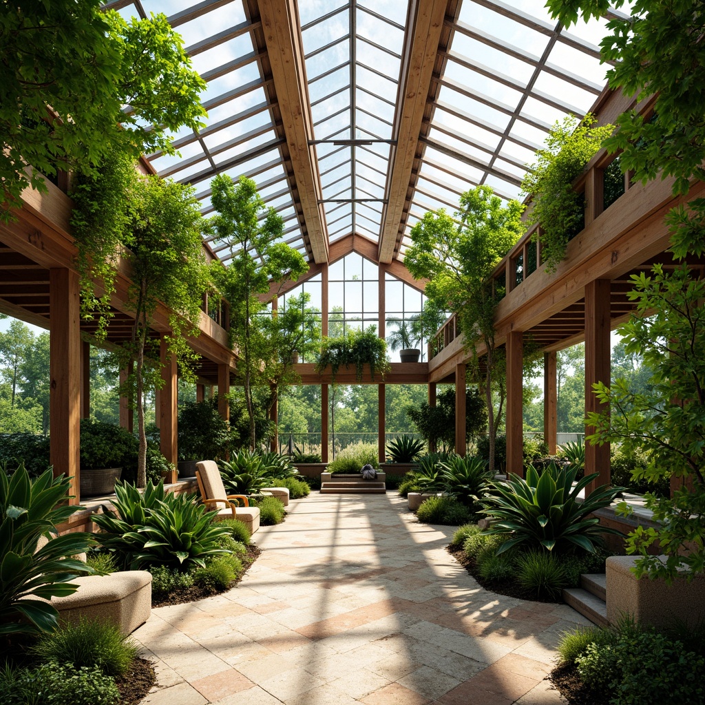 Prompt: Vibrant greenhouse interior, lush greenery, tropical plants, natural stone flooring, wooden trellises, clerestory windows, skylights, translucent roof panels, diffused soft lighting, warm sunny day, gentle shadows, 3/4 composition, panoramic view, realistic textures, ambient occlusion.