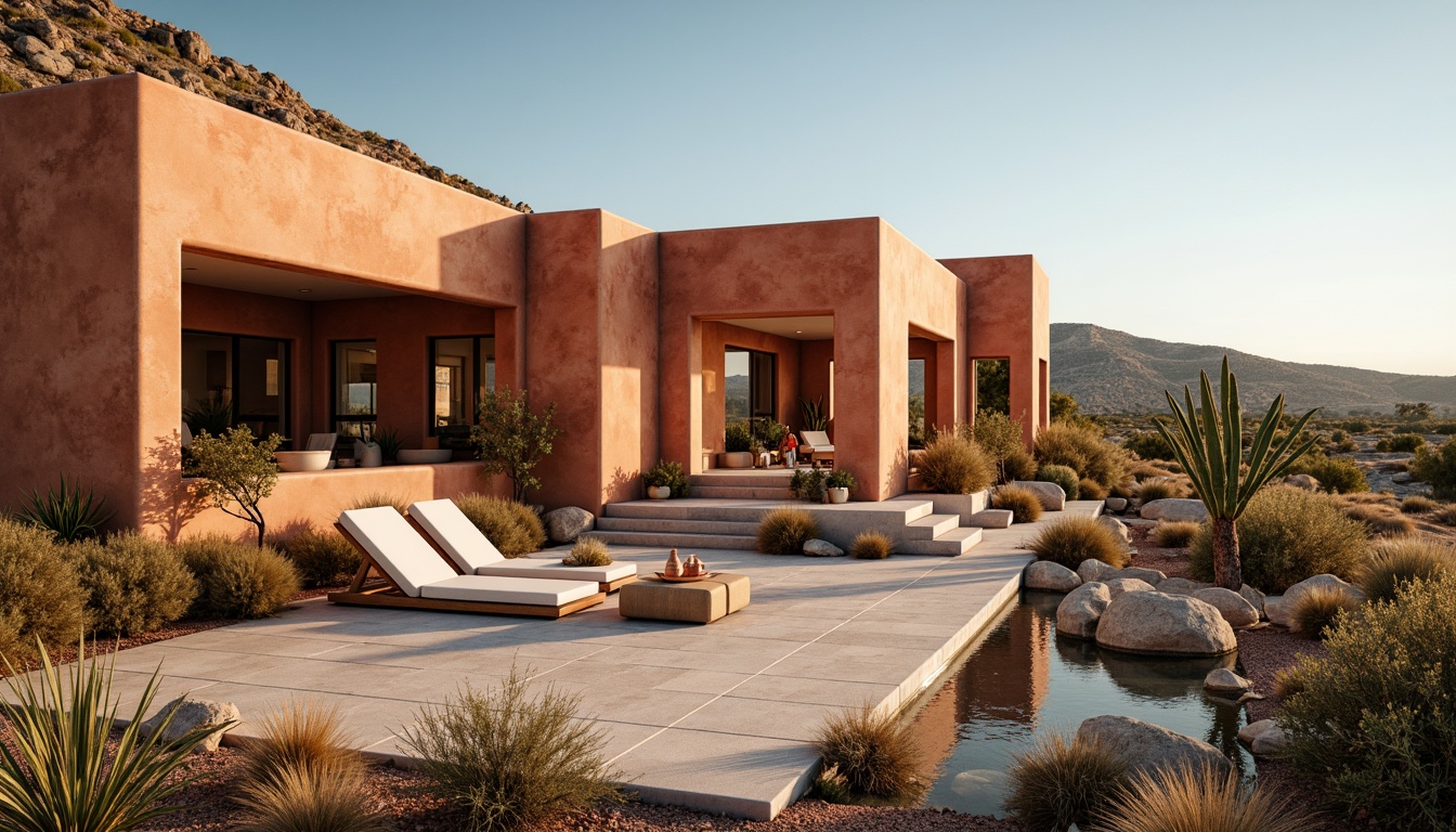 Prompt: Warm persimmon hues, earthy terracotta tones, rich burnt orange accents, soft creamy whites, natural wooden textures, rustic stone walls, cozy intimate spaces, warm ambient lighting, shallow depth of field, 1/1 composition, modern minimalist design, sleek lines, flat roofs, large windows, sliding glass doors, desert landscape, cactus plants, hot sunny day, clear blue sky.