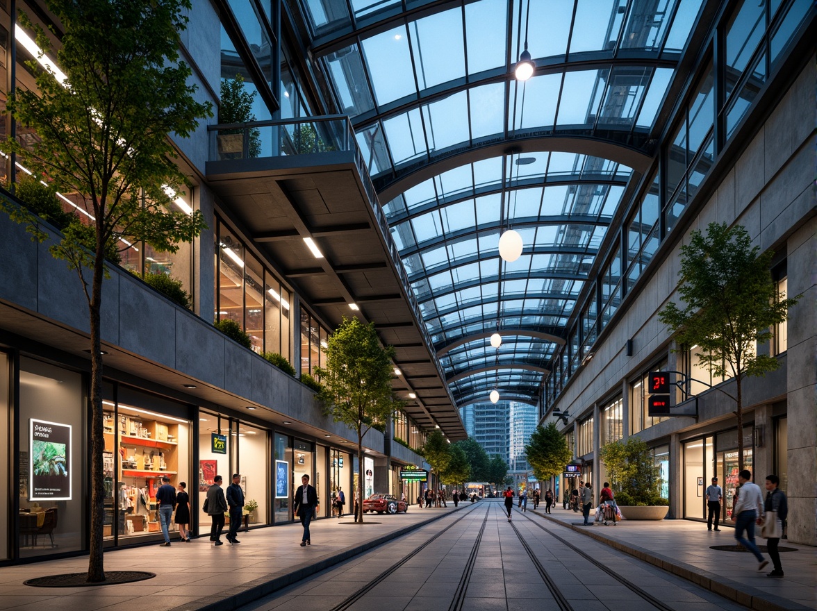 Prompt: Modern tram station, sleek metal framework, gleaming glass roofs, polished concrete floors, industrial-style lighting, urban landscape, vibrant city life, rush hour atmosphere, dynamic pedestrian flow, curved lines, minimalist design, functional layout, durable materials, sustainable infrastructure, green walls, natural ventilation systems, LED signage, futuristic ambiance, shallow depth of field, 1/2 composition, warm color palette, realistic textures.