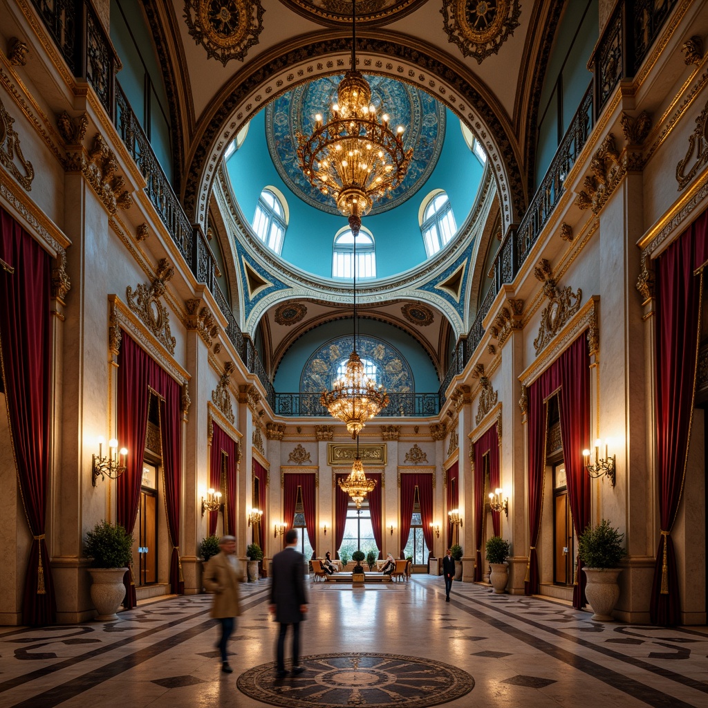 Prompt: Byzantine-inspired palace, intricate stone carvings, ornate golden accents, azure domes, majestic archways, grandiose columns, lavish mosaics, rich jewel-toned textiles, regal velvet drapes, opulent chandeliers, warm candlelight, soft ambient glow, shallow depth of field, 1/2 composition, symmetrical framing, realistic reflections, subtle atmospheric perspective.