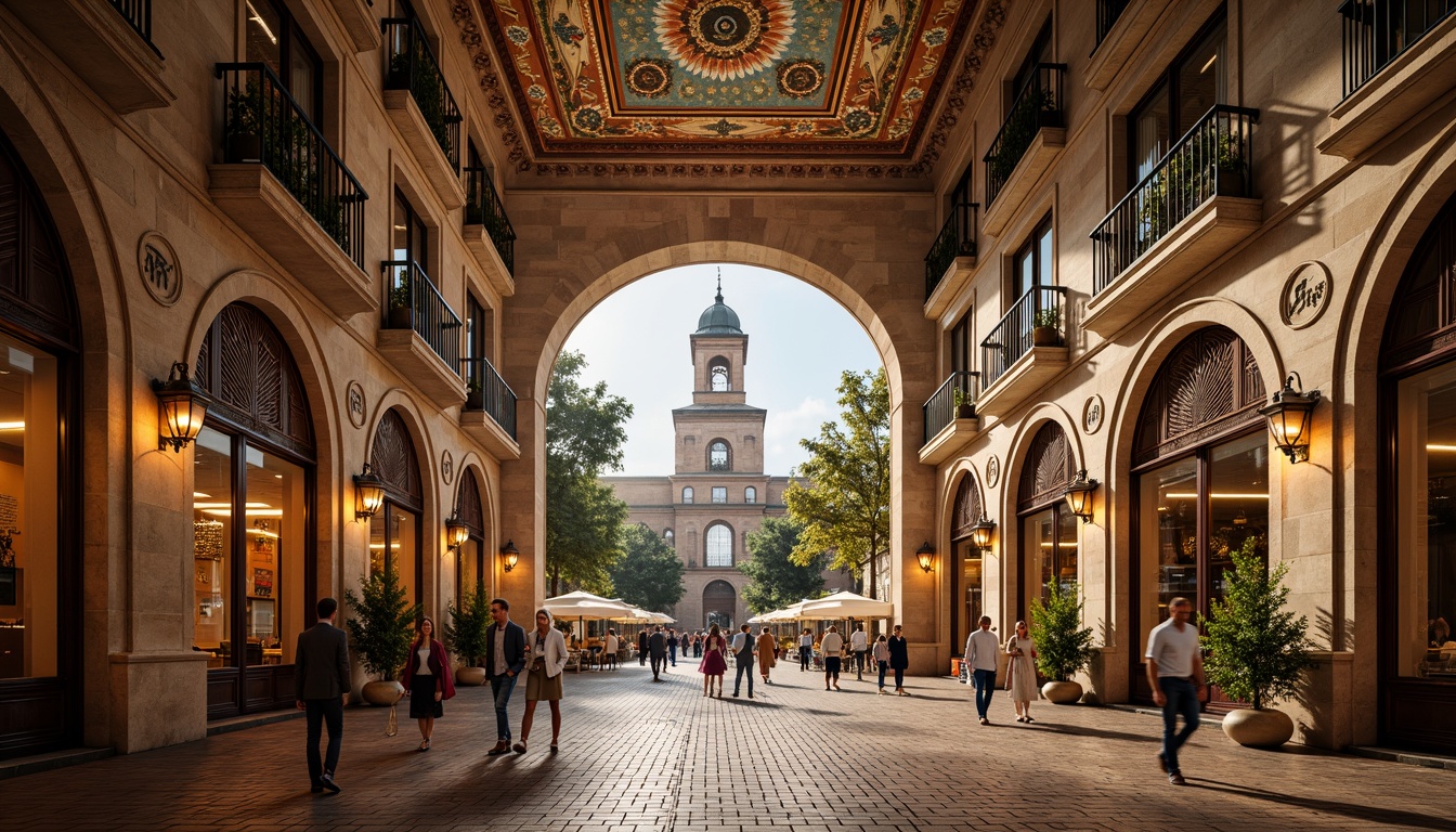 Prompt: Ornate market hall, Renaissance-inspired fa\u00e7ade, richly textured stone walls, intricately carved wooden doors, ornamental metalwork, grandiose archways, vibrant fresco ceilings, colorful terra cotta tiles, decorative cornices, majestic clock towers, bustling street scene, warm golden lighting, shallow depth of field, 1/2 composition, symmetrical framing, realistic textures, ambient occlusion.