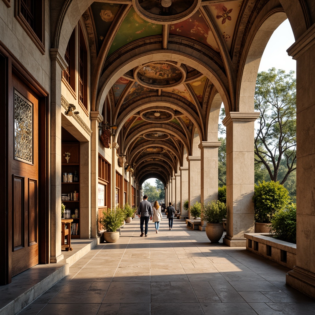 Prompt: Renaissance-inspired market facade, ornate stonework, curved arches, grand entranceways, vibrant frescoes, decorative cornices, classical columns, intricately carved wooden doors, stained glass windows, rustic brick walls, warm golden lighting, soft afternoon sunbeams, shallow depth of field, 2/3 composition, symmetrical balance, realistic textures, ambient occlusion.