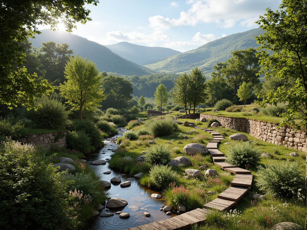 Prompt: Serene natural habitat, lush greenery, rolling hills, meandering streams, rustic wooden bridges, native plant species, vibrant wildflowers, earthy terrain, weathered stone walls, curved pathways, soft morning light, warm sunny day, shallow depth of field, 3/4 composition, panoramic view, realistic textures, ambient occlusion.