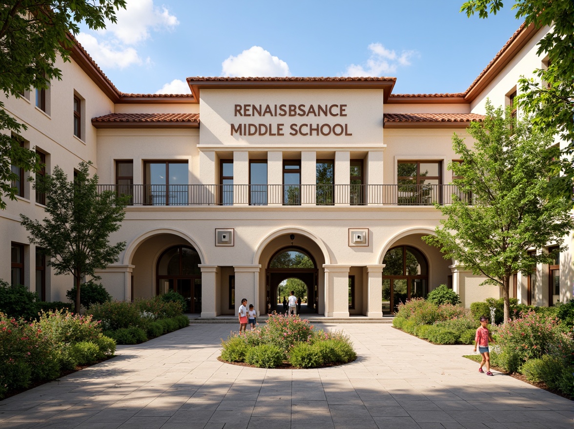 Prompt: Renaissance-style middle school building, ornate stone fa\u00e7ade, arched windows, grand entrance, symmetrical composition, classical columns, red-tiled roof, warm beige walls, lush greenery, vibrant flowers, educational signage, natural stone walkways, modern amenities, large windows, glass doors, blooming trees, sunny day, soft warm lighting, shallow depth of field, 3/4 composition, panoramic view, realistic textures, ambient occlusion.