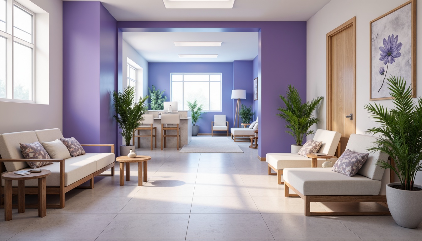 Prompt: \Soothing clinic atmosphere, calming blue violet hues, gentle lavender accents, creamy whites, warm beige tones, natural wood furnishings, soft ambient lighting, minimal ornamentation, sleek metal equipment, comfortable waiting areas, lush green plants, subtle patterned textiles, relaxing music ambiance, shallow depth of field, 1/1 composition, realistic renderings, ambient occlusion.\Please let me know if this meets your requirements or if you need any adjustments!