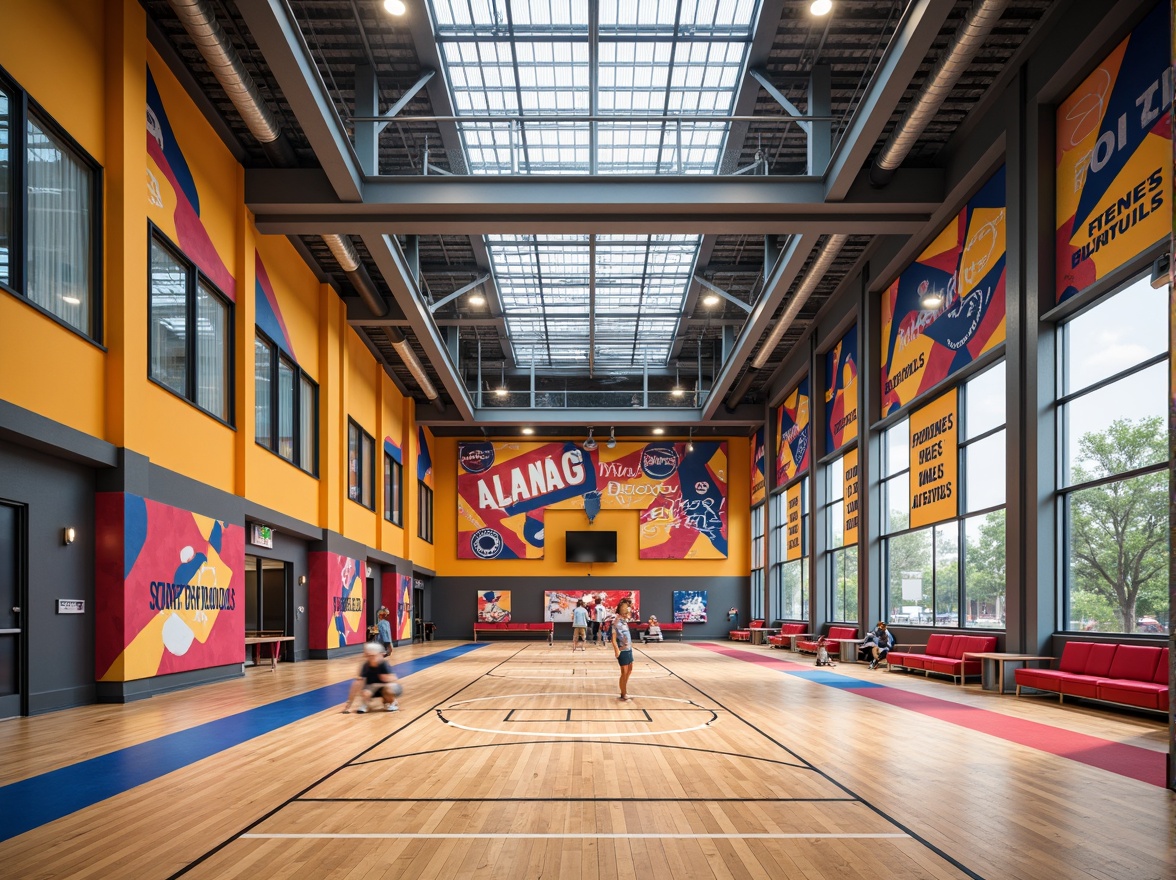 Prompt: Vibrant gymnasium interior, athletic tracks, sports equipment, motivational quotes, modern lighting fixtures, polished wooden floors, bold color schemes, dynamic textile patterns, ergonomic seating, acoustic panels, sound-absorbing materials, natural ventilation systems, clerestory windows, abundant natural light, softbox lighting, shallow depth of field, 1/1 composition, realistic textures, ambient occlusion.