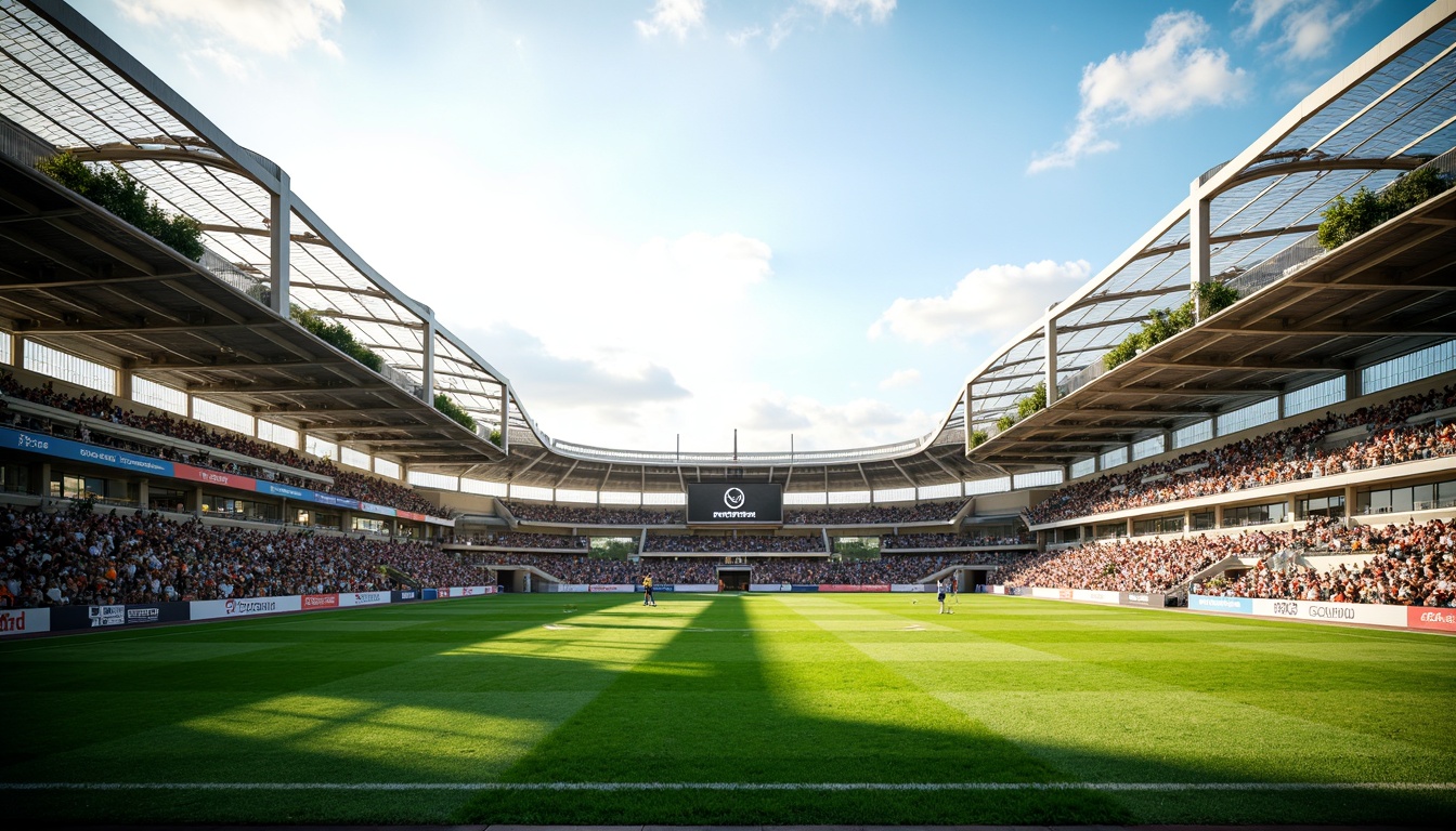 Prompt: Green soccer field, stadium seating, vibrant crowd, sports floodlights, goalposts, scoreboard, modern architecture, curved lines, sleek metal structures, transparent roofs, open-air design, natural ventilation, spacious concourses, concession stands, VIP lounges, press boxes, player tunnels, dugouts, team benches, athletic tracks, warm sunny day, soft natural lighting, 3/4 composition, panoramic view, realistic textures, ambient occlusion.