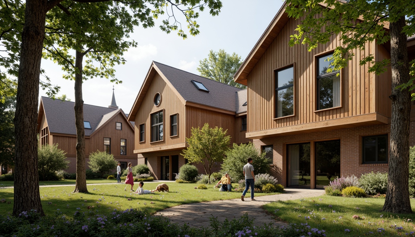 Prompt: Rustic barn-style academic buildings, natural wooden textures, earthy color palette, large windows, skylights, clerestory windows, soft warm lighting, indirect sunlight, diffused shadows, exposed beams, brick walls, stone foundations, lush greenery, overhanging trees, peaceful rural surroundings, serene atmosphere, 1/1 composition, shallow depth of field, realistic textures, ambient occlusion.