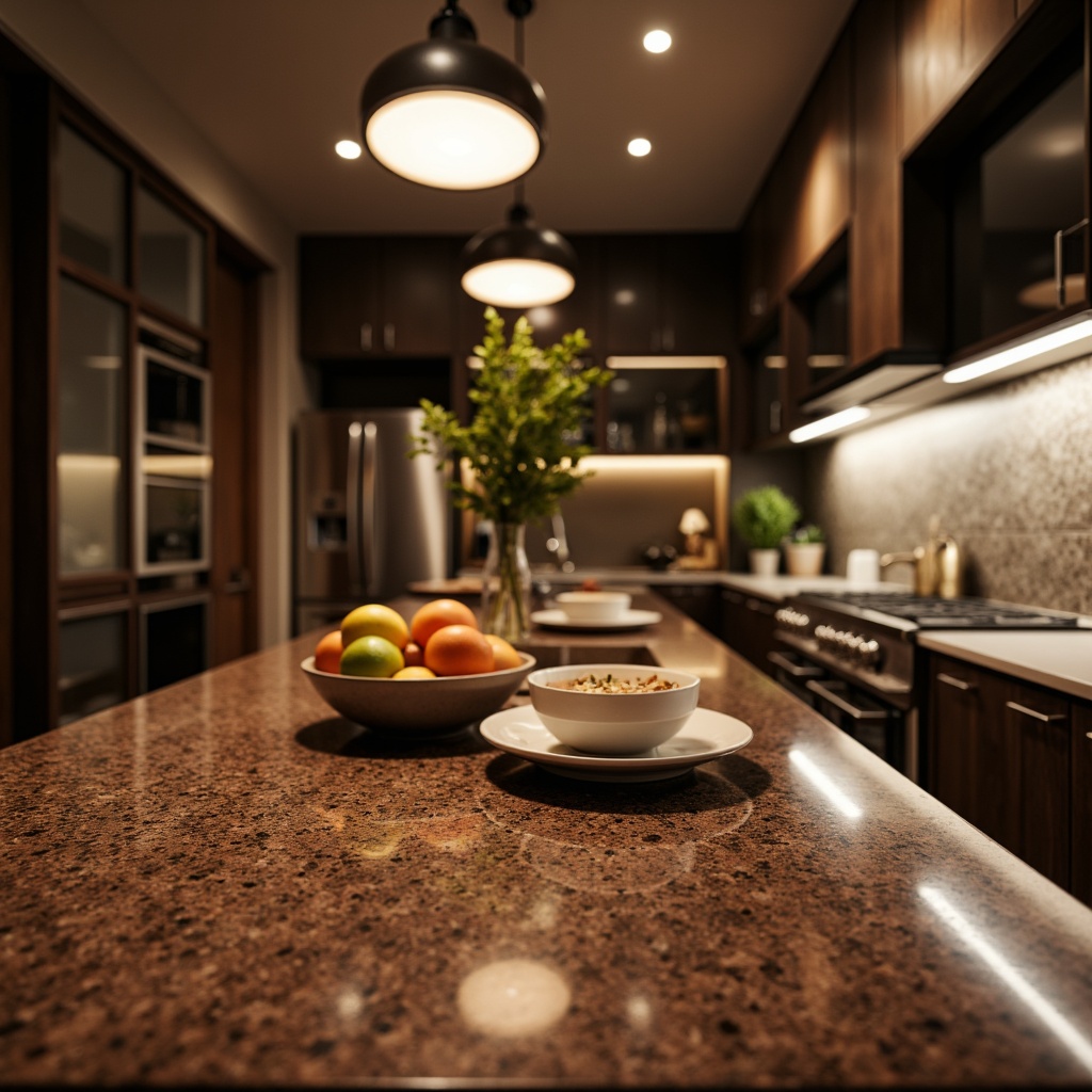 Prompt: Luxurious modern kitchen, polished granite countertops, rich brown color tone, flecked pattern, high-gloss finish, durable material, heat-resistant surface, sleek cabinetry, stainless steel appliances, pendant lighting, ambient backlighting, shallow depth of field, 3/4 composition, natural stone textures, warm atmospheric mood.