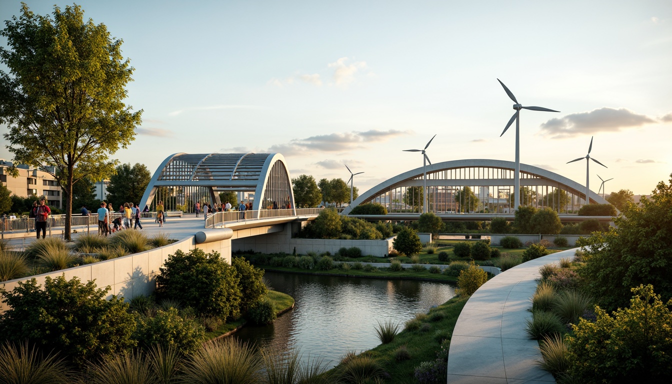 Prompt: Eco-friendly vehicular bridge, lush greenery, native plants, energy-harvesting wind turbines, solar panels, kinetic energy recovery systems, recycled steel structures, low-maintenance materials, drainage management systems, rainwater harvesting, grey water reuse, LED lighting, soft warm ambiance, shallow depth of field, 3/4 composition, panoramic view, realistic textures, ambient occlusion, futuristic architecture, curved lines, minimalist design, urban connectivity, pedestrian-friendly pathways, cyclist lanes, electric vehicle charging stations.