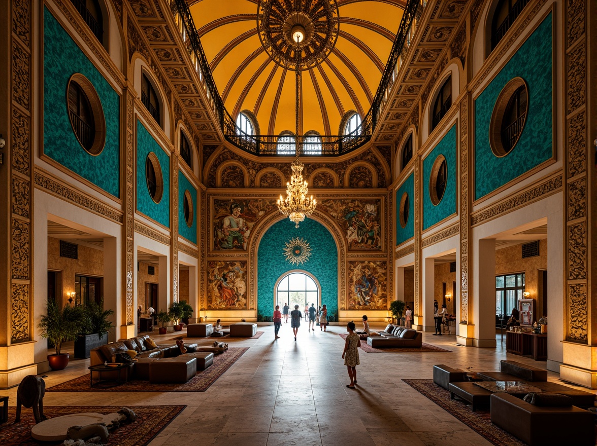 Prompt: Golden domes, ornate mosaics, intricately carved stone walls, vibrant turquoise accents, majestic archways, grand entrance gates, richly patterned textiles, luxurious furnishings, warm atmospheric lighting, dramatic shadows, 1/1 composition, symmetrical framing, high-contrast colors, rich textures, subtle animations, Byzantine-inspired architectural details, ornate metalwork, grandiose chandeliers, polished marble floors.