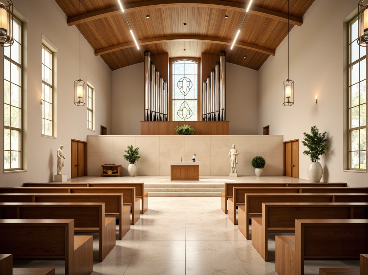 Prompt: Contemporary church interior, minimalist altar, stained glass windows, natural light pouring in, wooden pews, sleek metal chairs, abstract sculptures, sacred symbols, warm beige tones, cream-colored marble floors, vaulted ceilings, grand organ pipes, modern chandeliers, ambient soft lighting, shallow depth of field, 1/1 composition, symmetrical view, realistic textures, subtle animations, peaceful atmosphere.