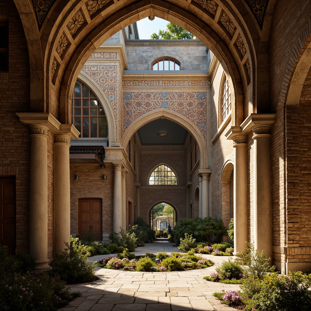 Prompt: Intricate stone carvings, ornate arches, grand domes, vibrant mosaic patterns, gilded accents, rustic brick textures, weathered stone walls, ancient ruins, overgrown vegetation, warm golden lighting, dramatic shadows, 3/4 composition, atmospheric perspective, realistic weathering effects.