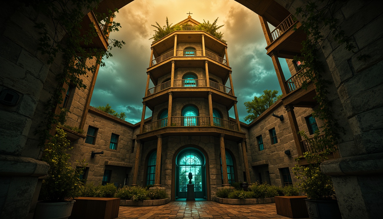 Prompt: Watching tower, mystical atmosphere, warm golden lighting, eerie misty effects, vibrant turquoise accents, rustic stone walls, intricate ironwork details, weathered wooden textures, mystical ancient artifacts, ornate Gothic windows, dramatic shadows, cinematic composition, low-key lighting, high contrast ratio, rich saturated colors, bold expressive brushstrokes.