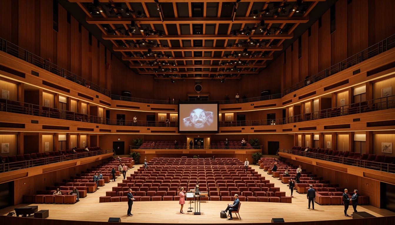 Prompt: Luxurious concert hall, curved wooden panels, sound-absorbing materials, professional audio equipment, tiered seating, intimate atmosphere, warm lighting, rich textiles, velvet curtains, polished wooden floors, precise sound reflections, optimal reverberation time, 3D acoustic modeling, diffuser designs, speaker arrays, microphone placements, soundproofing techniques, minimal echo, clear sound clarity, immersive audience experience, dynamic lighting systems, dramatic stage designs.