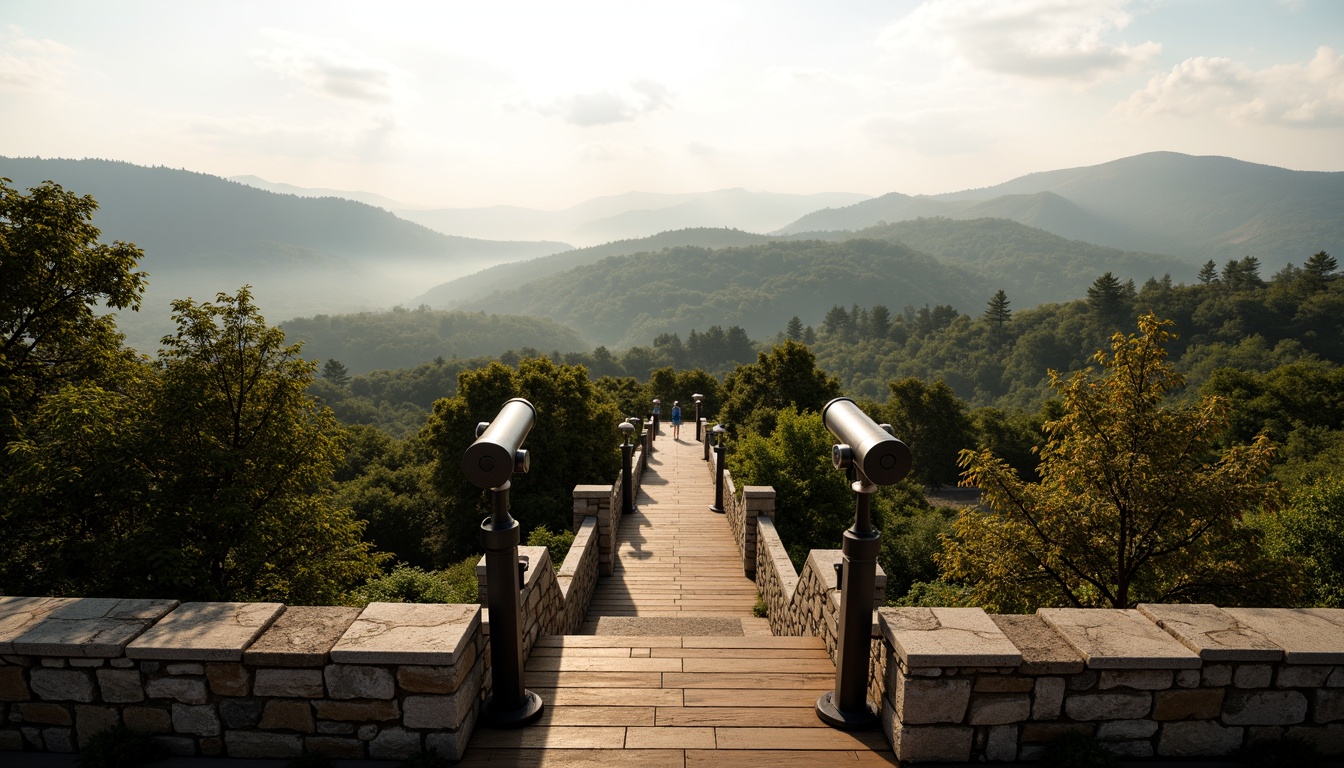 Prompt: Scenic hilltop, majestic watching tower, rugged stone walls, wooden observation decks, binoculars, telescopes, panoramic views, rolling hills, lush green forests, misty mountains, rustic pathways, natural stonework, wooden accents, earthy tones, warm afternoon lighting, soft focus, 1/2 composition, atmospheric perspective, realistic foliage, subtle texture details.