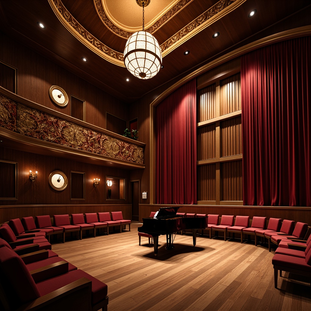 Prompt: Luxurious concert house interior, grand piano, velvet curtains, rich wood flooring, acoustic panels, soundproofing materials, intimate performance space, comfortable seating areas, dramatic chandelier lighting, warm ambient glow, shallow depth of field, 2/3 composition, soft focus, realistic textures, subtle shadows, ornate architectural details, opulent furnishings, sophisticated color palette, elegant interior design.