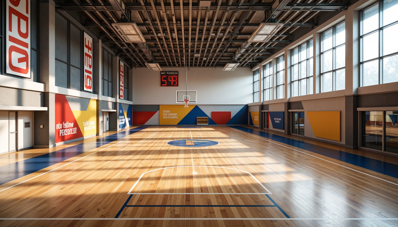 Prompt: Modern gymnasium interior, polished wood flooring, bright natural light, suspended acoustic panels, minimalist ceiling design, industrial-style metal beams, exposed ductwork, motivational quotes, athletic graphics, vibrant team colors, rubber sports flooring, basketball court markings, professional sports lighting, dynamic shadows, 1/1 composition, softbox lighting, realistic textures, ambient occlusion.