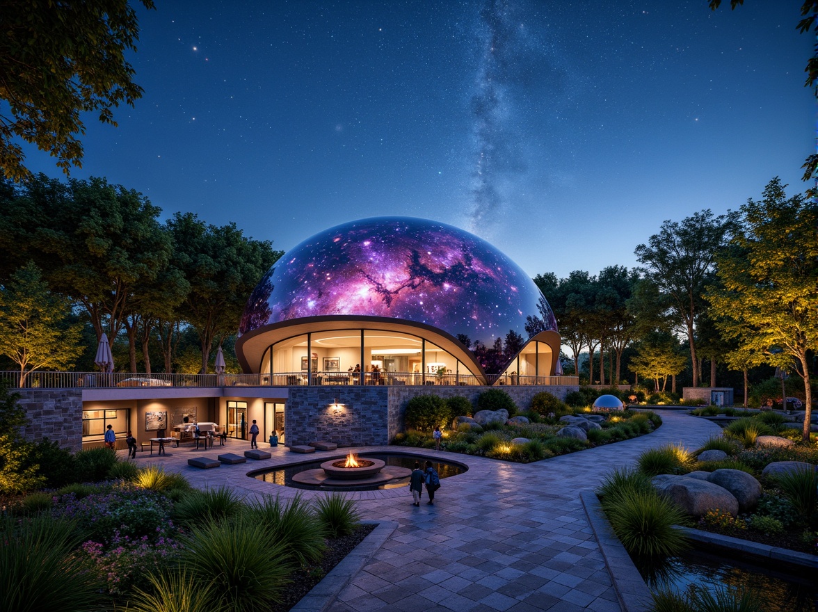 Prompt: Celestial-inspired planetarium building, futuristic dome structure, galaxy-patterned flooring, starry night sky projections, lush greenery, native plants, meandering pathways, natural stone walls, water features, koi ponds, ambient outdoor lighting, soft misting systems, comfortable seating areas, educational signage, interactive exhibits, astronomical instruments, telescopes, observatory decks, panoramic views, 360-degree vistas, shallow depth of field, realistic textures, ambient occlusion.