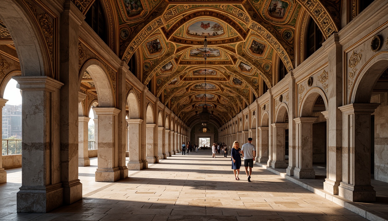 Prompt: Intricate stone carvings, ornate arches, grand domes, golden mosaics, vibrant frescoes, rustic brick walls, ornamental columns, lavish ornamentation, intricate geometrical patterns, rich textures, warm earthy tones, soft natural light, dramatic shadows, 3/4 composition, shallow depth of field, realistic rendering.