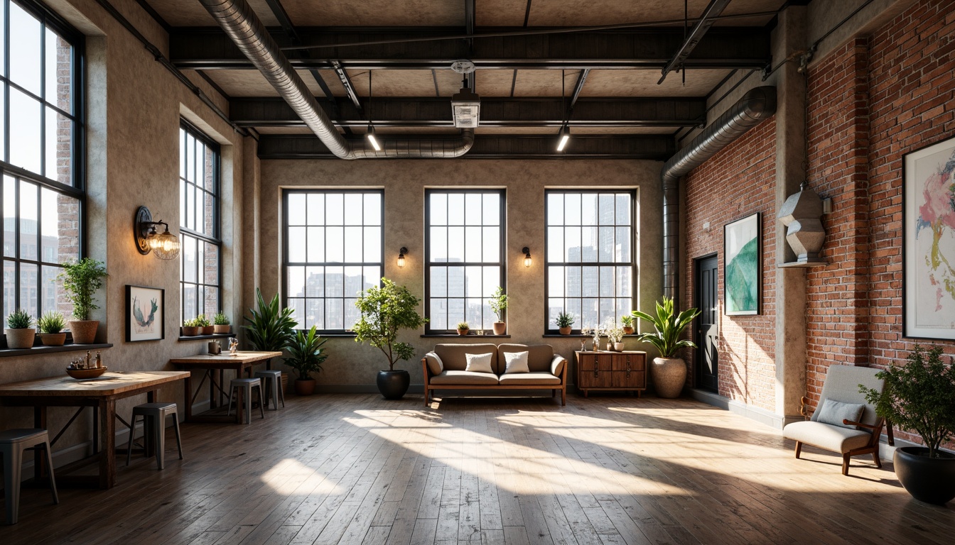 Prompt: Industrial-chic loft interior, exposed brick walls, metal beams, wooden floors, minimalist decor, modern urban atmosphere, natural light pouring through large windows, cityscape views, industrial-style lighting fixtures, reclaimed wood accents, Edison bulbs, functional pipes, raw concrete textures, neutral color palette, airy open space, 1/1 composition, high-angle shot, dramatic shadows, ambient occlusion.