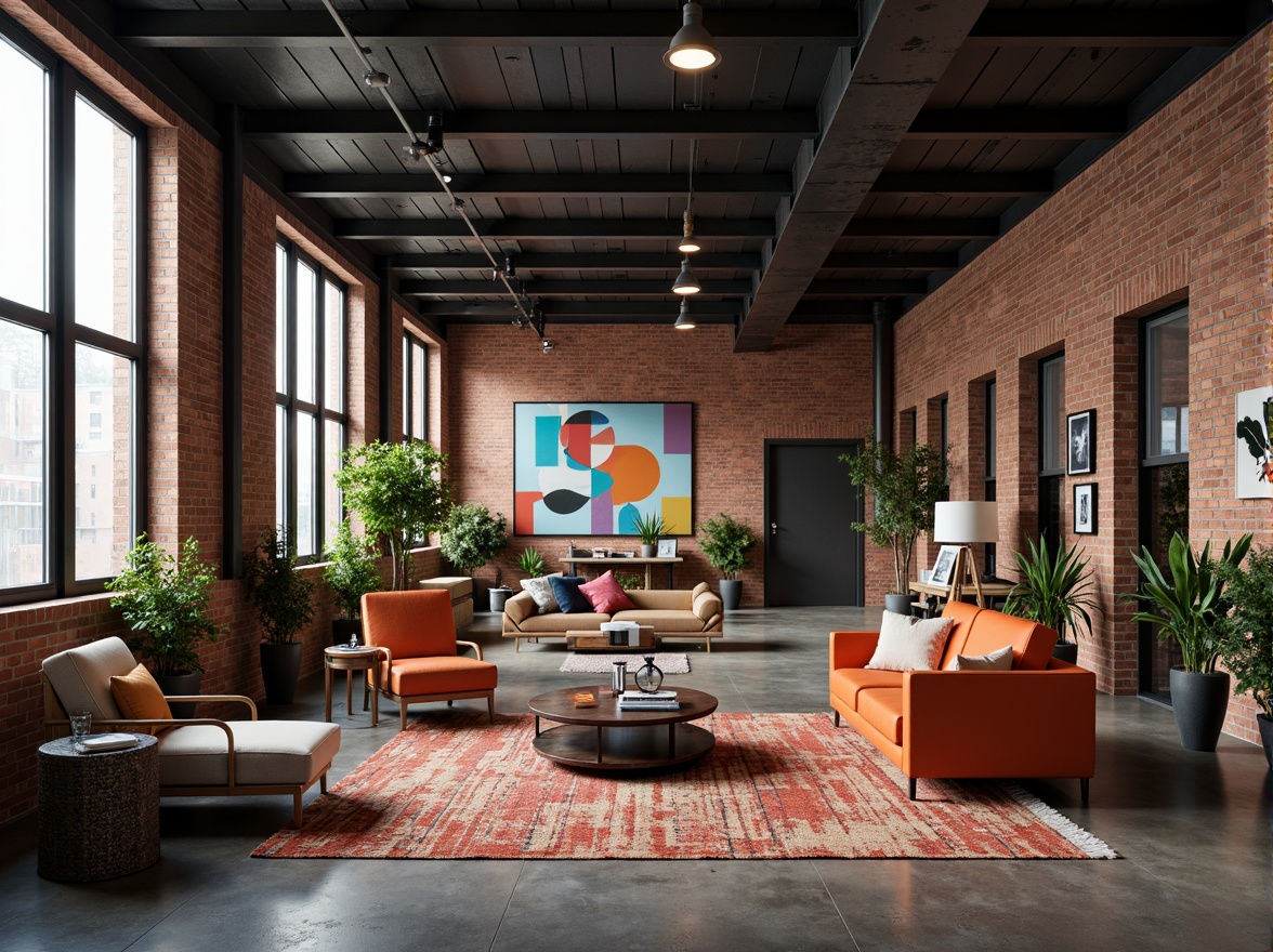 Prompt: Industrial-chic loft, exposed brick walls, metal beams, polished concrete floors, modern minimalist furniture, bold colorful accents, vibrant artwork, eclectic decorative pieces, cozy reading nooks, plush area rugs, natural textiles, warm atmospheric lighting, 1/1 composition, shallow depth of field, moody shadows, soft focus effect.