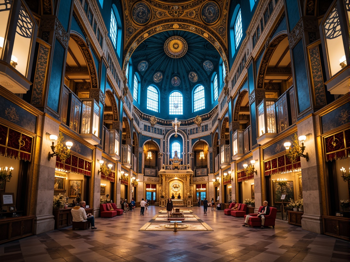 Prompt: Majestic Byzantine cathedral, azure domes, gold accents, intricate mosaics, ornate stone carvings, grand archways, vaulted ceilings, regal furnishings, lavish textiles, gemstone adornments, luminous stained glass windows, soft warm lighting, shallow depth of field, 3/4 composition, symmetrical framing, realistic textures, ambient occlusion.